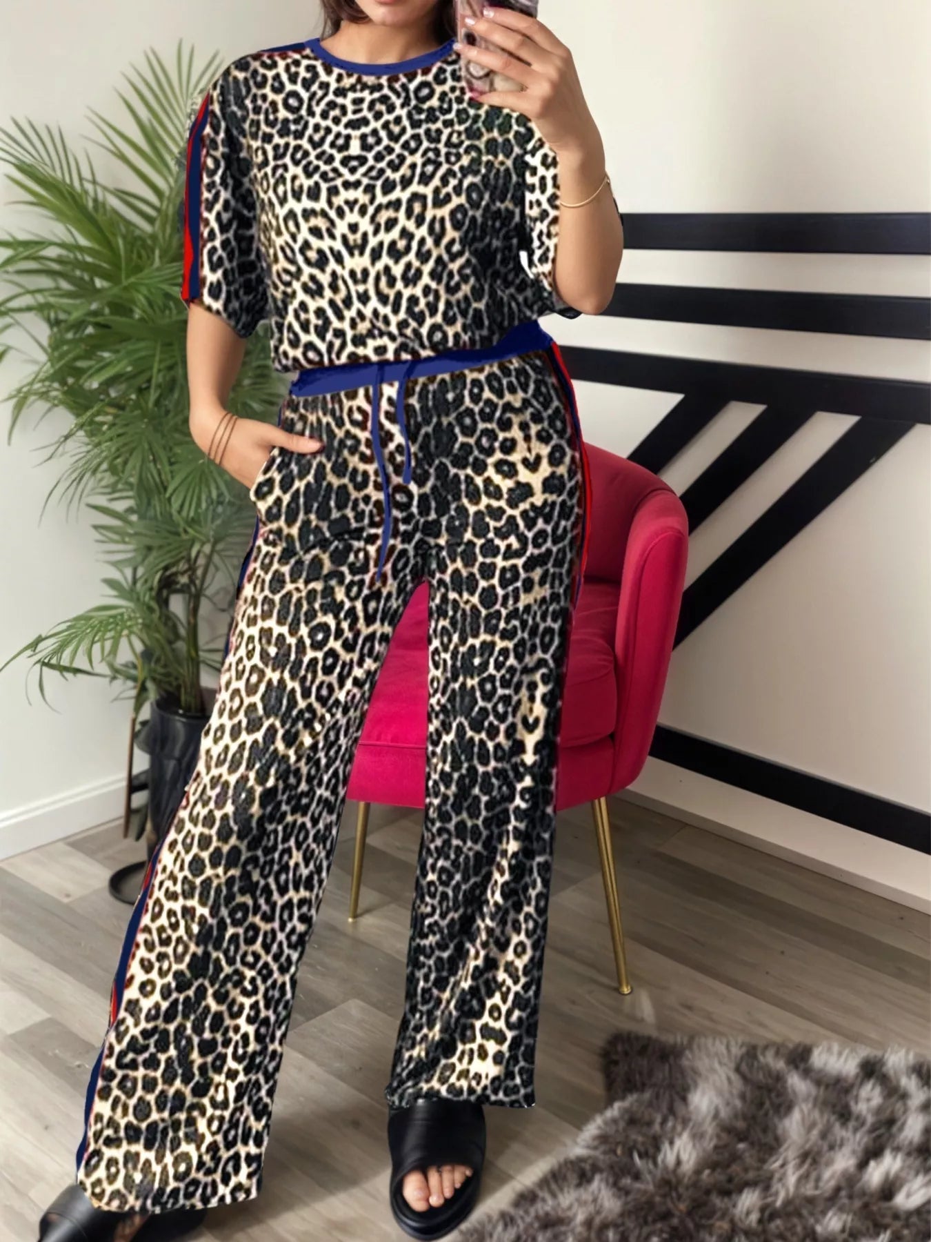 Leopard Round Neck Top and Pants Two-Piece Set