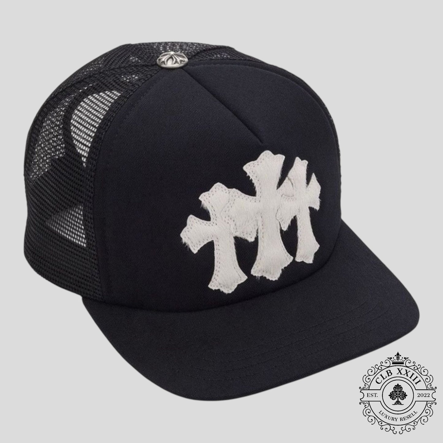 Chrome Hearts Pony Hair Cemetery Cross Trucker Hat in Black