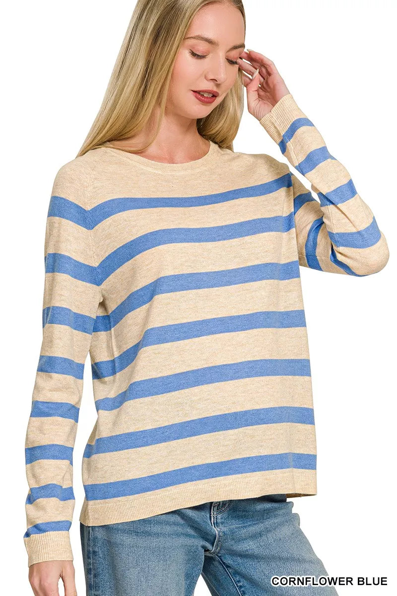 Zenana Lightweight Wool Blend Striped Round Neck Sweater