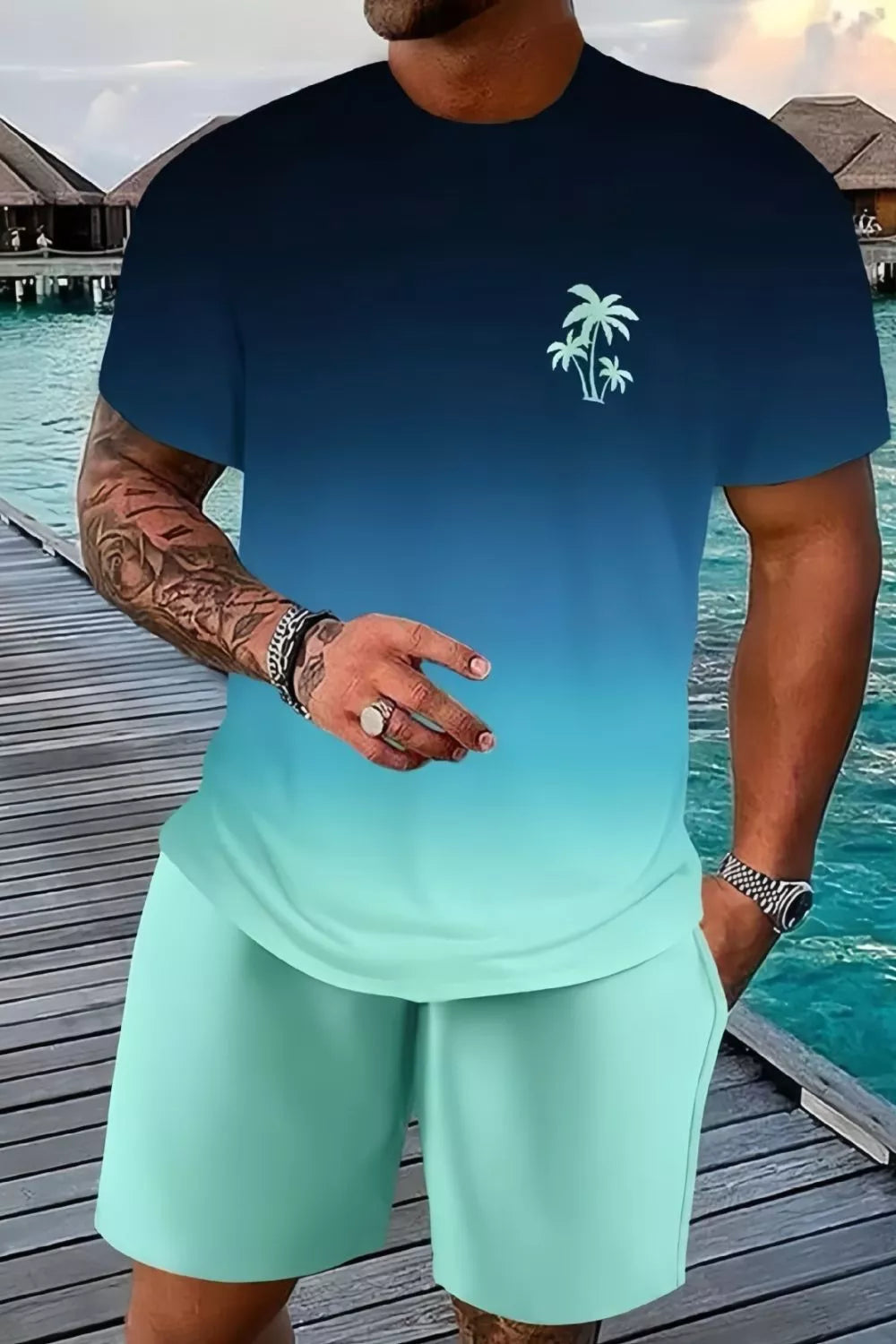 Men's Full Size Tropical Print Casual Tee and Shorts Set Plus Size