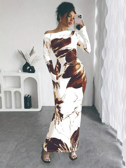 Floral Print One Shoulder Maxi Dress
