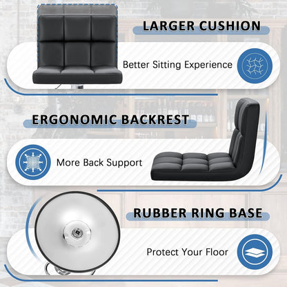 Modern PU Leather Adjustable Swivel Bar Stools, Armless Hydraulic Kitchen Counter Barstools, Extra Height Square Island Barstools with Back, Set of 2 (Black)