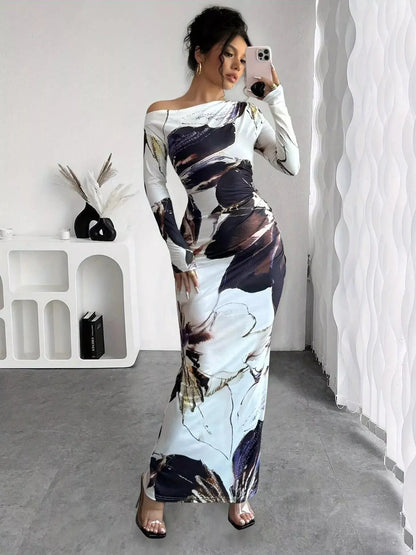 Floral Print One Shoulder Maxi Dress