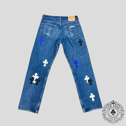 Chrome Hearts Levi Patch Jeans in Black/Blue/White