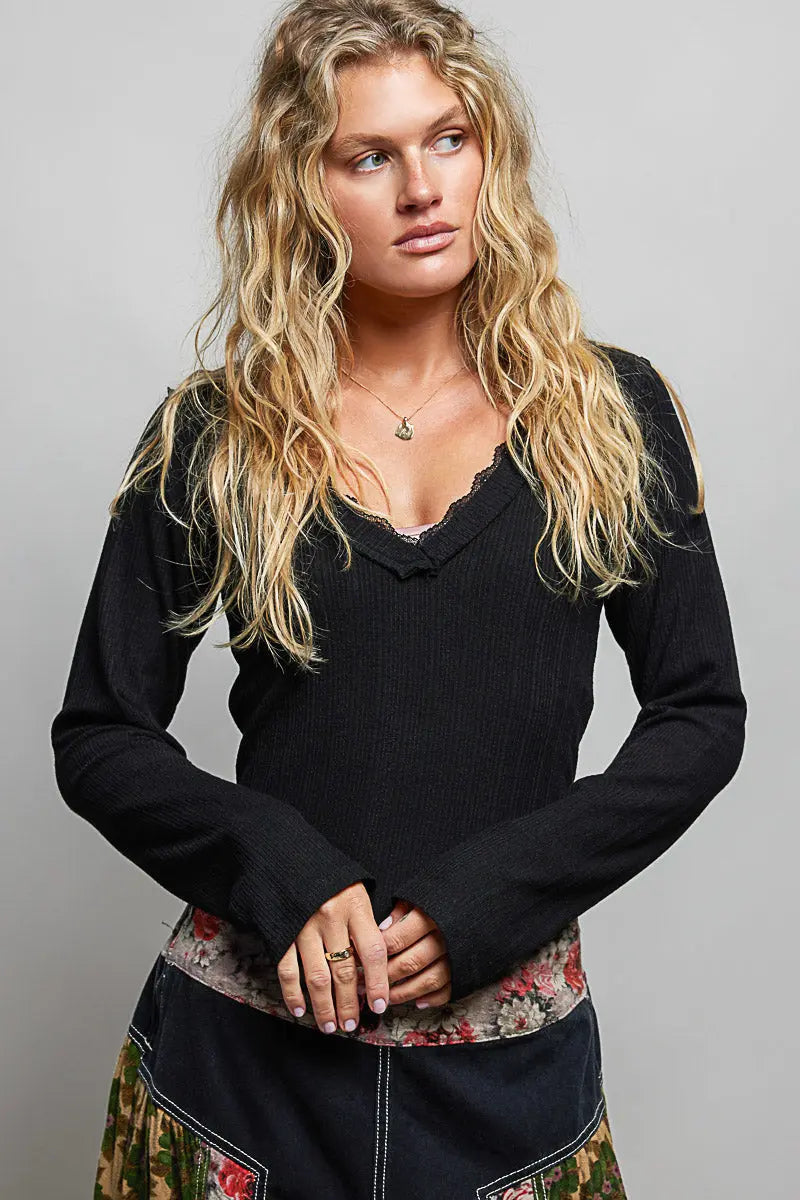 POL V-Neck Long Sleeve Ribbed Top with Lace-Accent Neckband