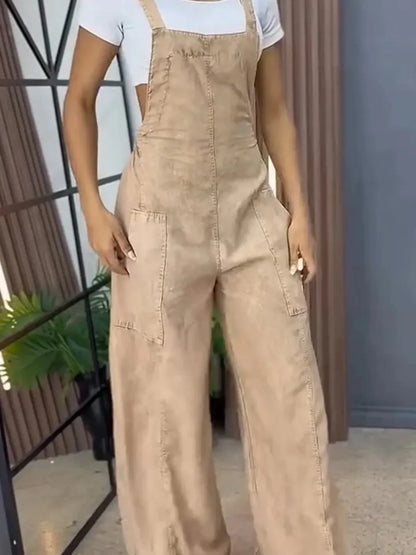 Full Size Wide Leg Washed Denim Overalls Plus Size