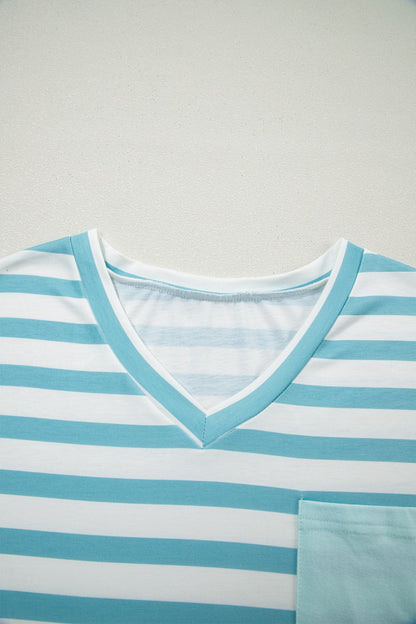 Stripe V Neck Patched Pocket Casual T Shirt