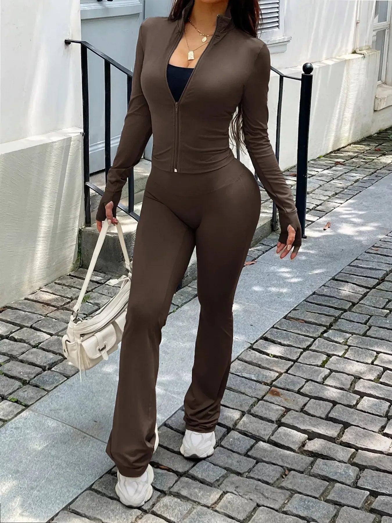 Zip Up Long Sleeve Outerwear and Pants Active Set