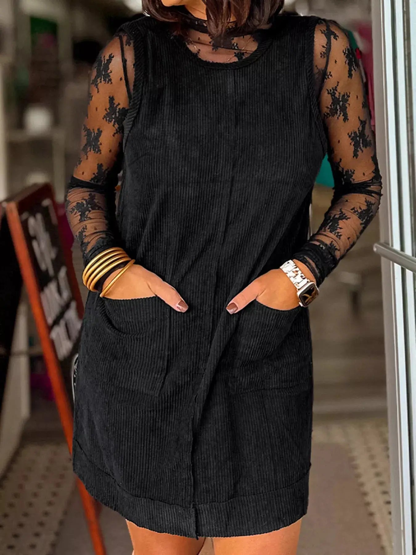 Corduroy Sleeveless Mini Dress with Patched Pockets