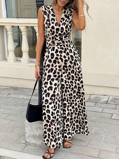 Sleeveless V-Neck Leopard Print Wide Leg Jumpsuit