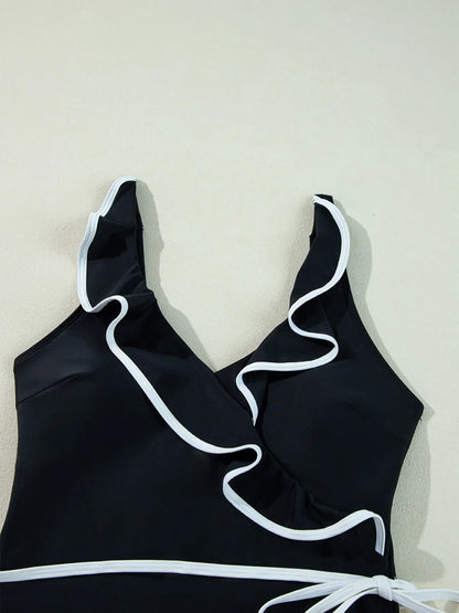Ruffle Trim V-Neck One-Piece Swimsuit