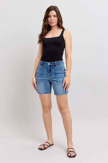 Judy Blue Full Size Mid Rise Bermudas Denim Shorts W/ Back Flap Pockets Plus Size