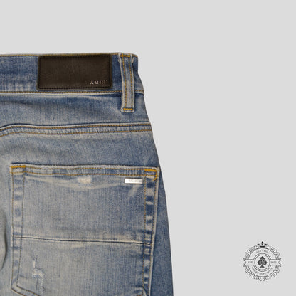 Amiri MX1 Leather Patch Jeans in Light Indigo