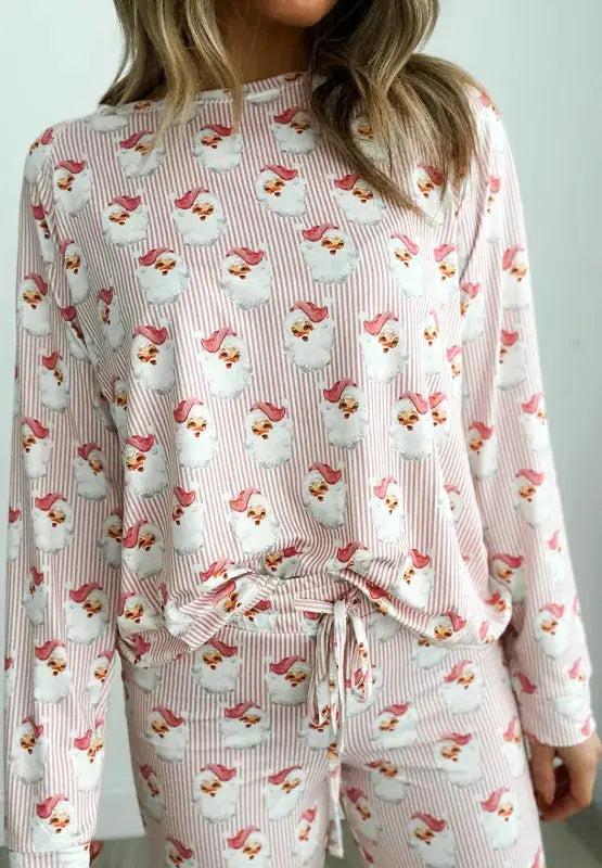 Santa Print Long Sleeve Top and Pants Lounge Set