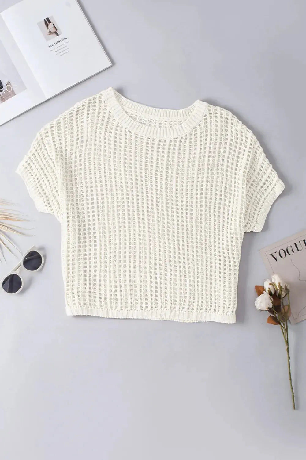 Openwork Round Neck Half Sleeve Knit Cover Up