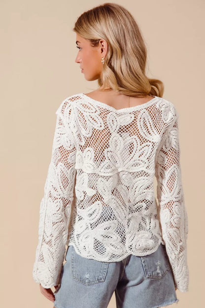SO ME Button Front Floral Pattern Crochet Lace Cardigan