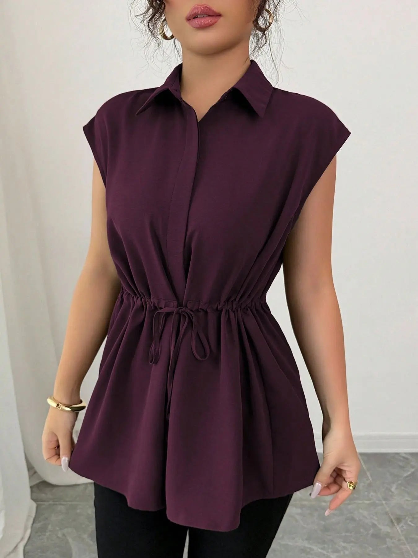 Drawstring Waist Cap Sleeve Shirt