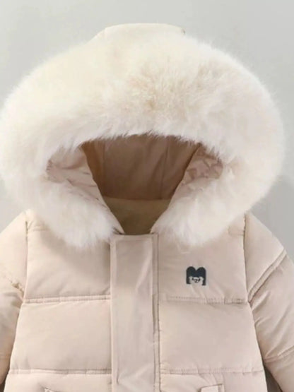 Children's Warm Padded One-Piece Snowsuit with Fur Hood