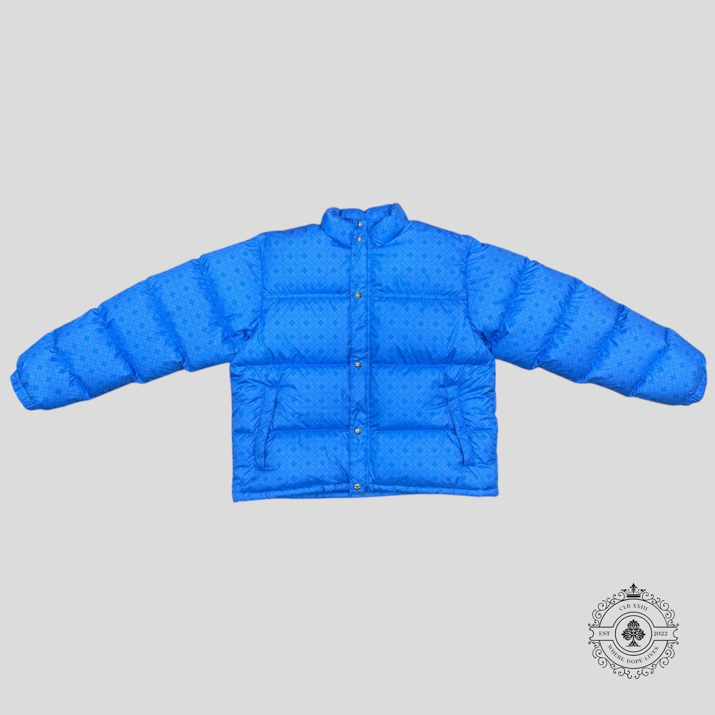 Chrome Heart Plus Pattern Puffer Jacket in Blue