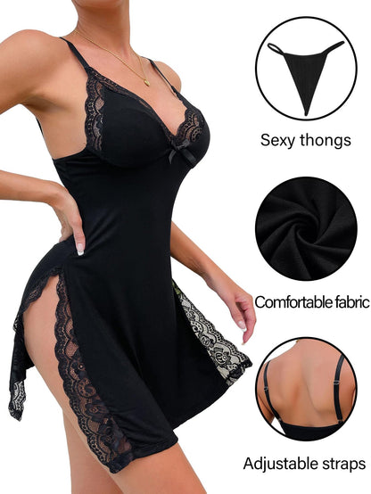 Foxiny Sexy Split Side Floral Lace Trim Full Slip Night Gown Babydoll Lingerie Dress with Thong 2 Piece Women High Slit Cami Nightgown Pajamas Set Nighty Sleep Wear Black Medium