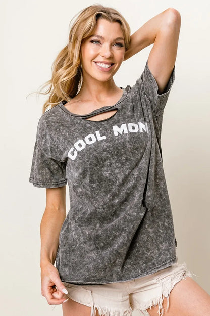 BiBi Washed Laser Cut Detail Cool Mom Print Top