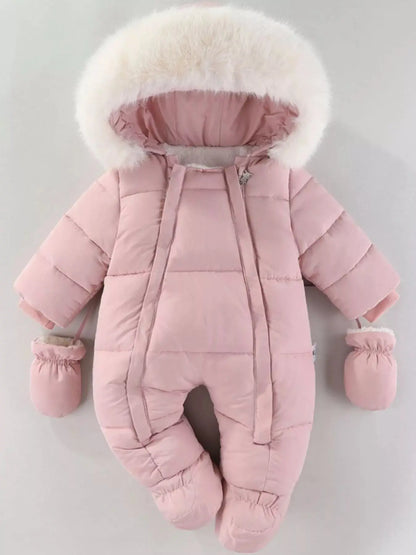Children's Warm Padded One-Piece Snowsuit with Fur Hood