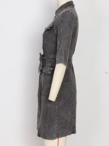 Zipper Front Short Sleeve Denim Dress