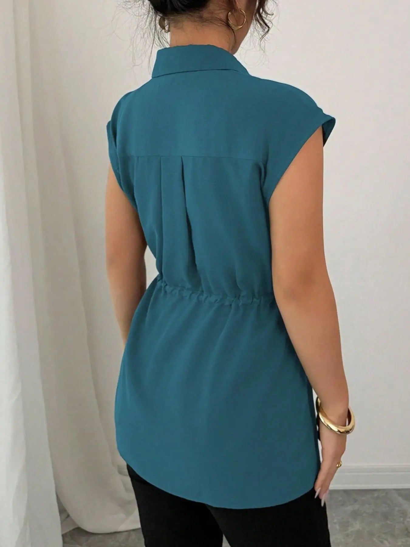 Drawstring Waist Cap Sleeve Shirt