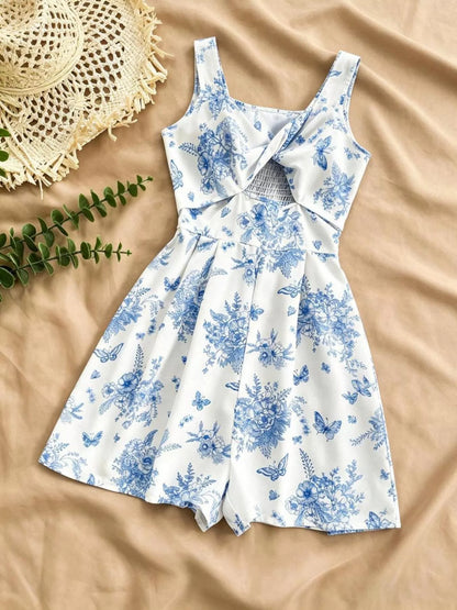 Floral Print Twist Front Cutout Romper