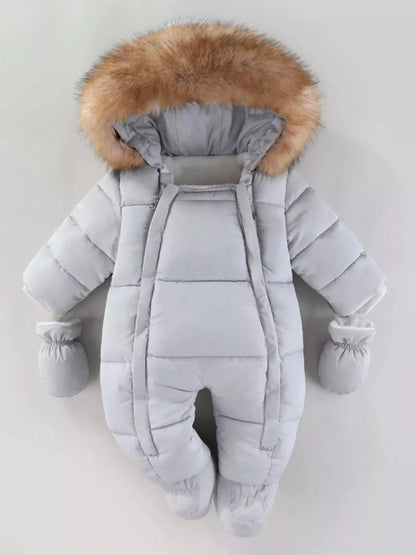 Children's Warm Padded One-Piece Snowsuit with Fur Hood