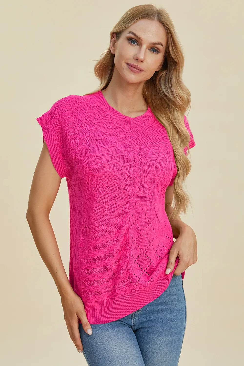 Double Take Full Size Cable-Knit Round Neck Cap Sleeve Sweater