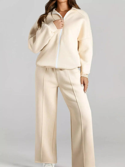 Drop Shoulder Zip Up Jacket and Drawstring Pants Active 2pcs Set