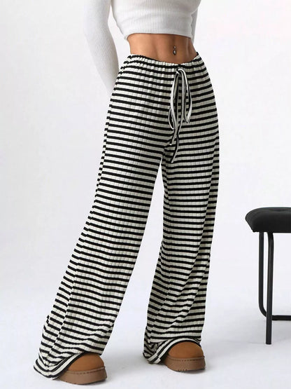 Striped Ribbed Knit Drawstring Waist Wide Leg Pants