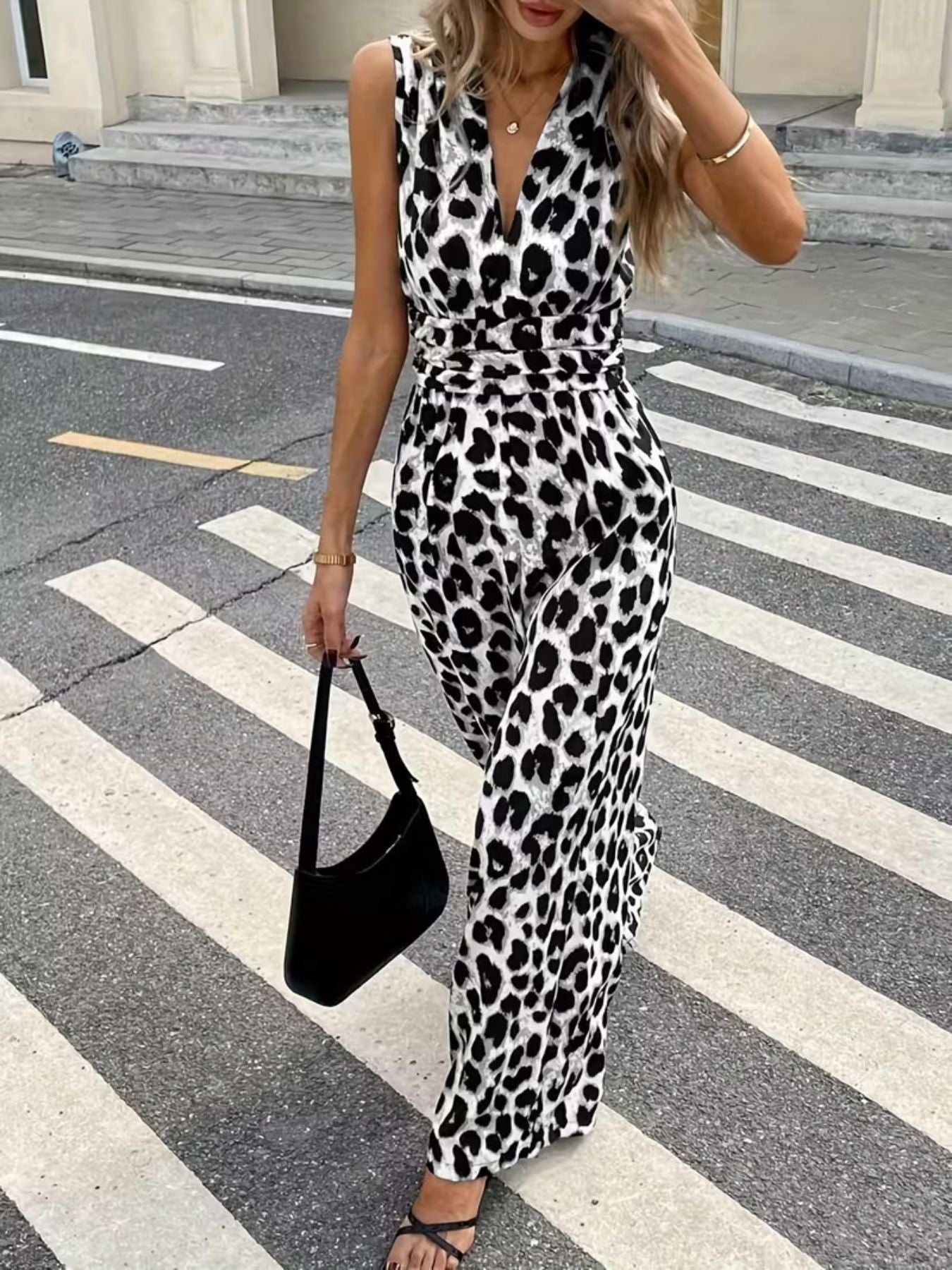 Sleeveless V-Neck Leopard Print Wide Leg Jumpsuit