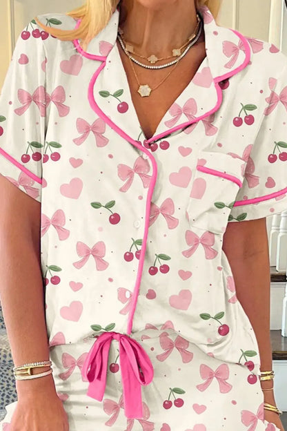 Printed Button Up Short Sleeve Top and Shorts Lounge Set