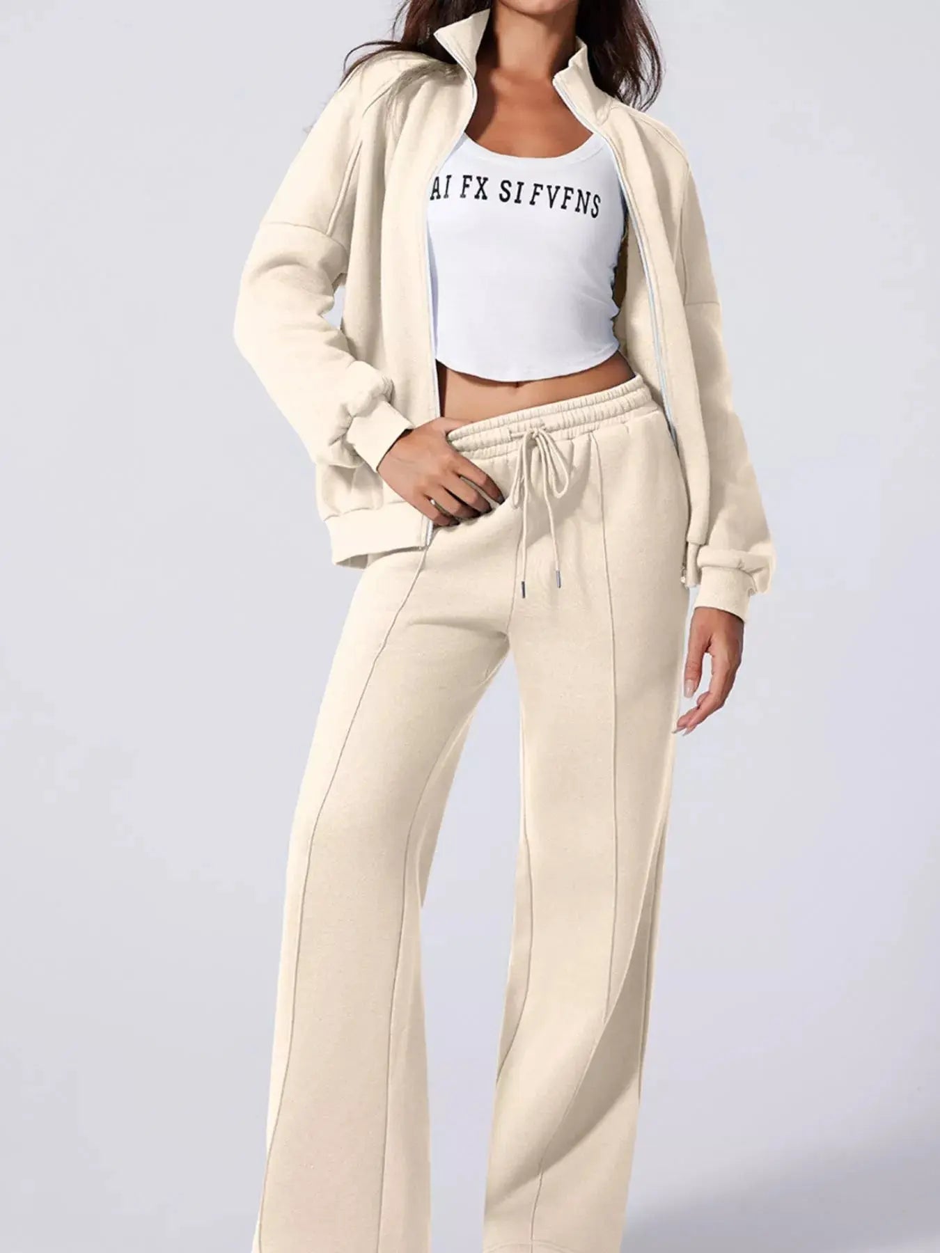 Drop Shoulder Zip Up Jacket and Drawstring Pants Active 2pcs Set