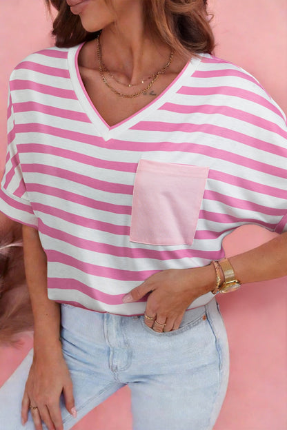 Stripe V Neck Patched Pocket Casual T Shirt