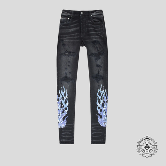 Amiri Bandana Flame Jeans in Black / Blue