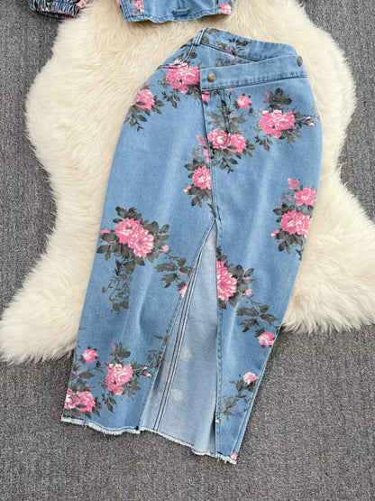 Floral Print Sweetheart Neck Cami and Skirt Denim Set