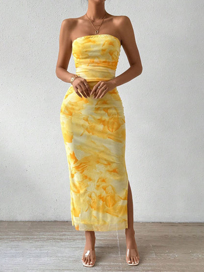 Ruched Strapless Bodycon Midi Dress