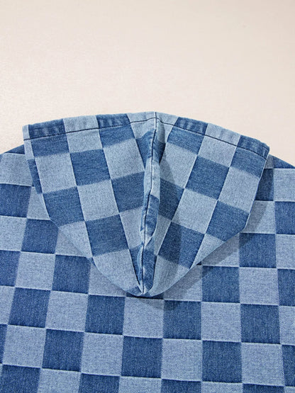 Checkered Half Zip Denim Hoodie Top