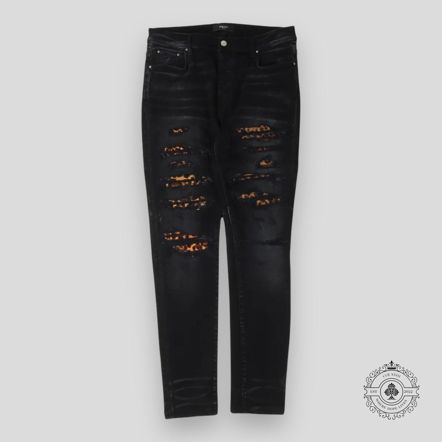Amiri Leopard Patch Thrasher Jeans in Black