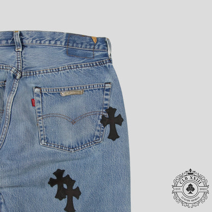 Chrome Hearts Cross Patch Levi 501 Red Line Jeans in Medium Wash/Black
