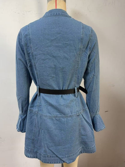 Button Front Flounce Sleeve Denim Dress