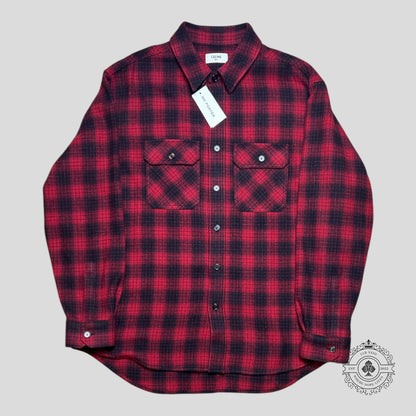 Celine Heavy Wool Flannel Oversized Shirt in Red/Black