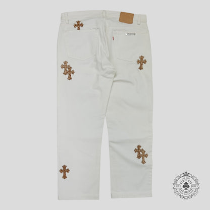 Chrome Hearts Levis Cross Patch Jeans in White / Leopard