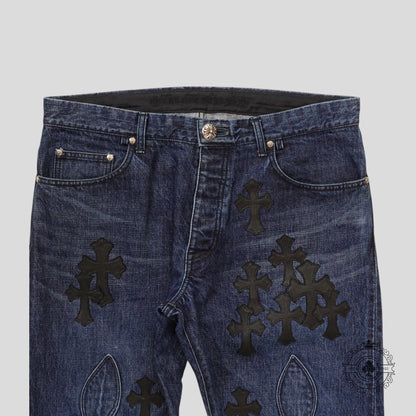 Chrome Hearts Fleur Knee Cross Patch Jeans in Dark Wash/Black