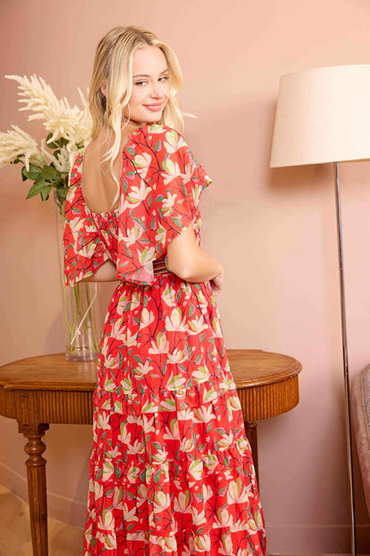 Bohera Lariat Grace Lace Trim Midi Dress in Crimson Red