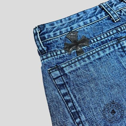 Chrome Hearts Leather Cross Patch Jean Shorts in Dark Wash