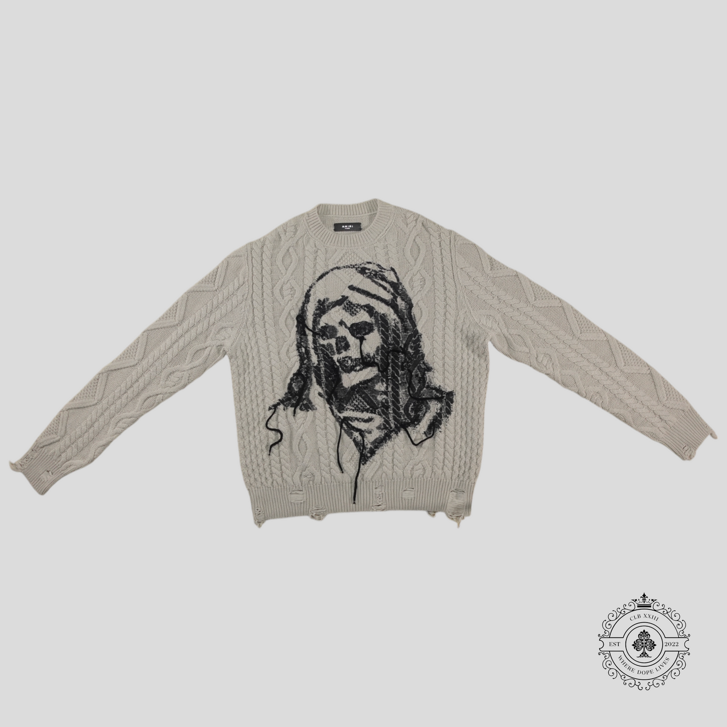 Amiri Wes Lang Solar Kings Reaper Cable Knit Sweater in Alabaster White